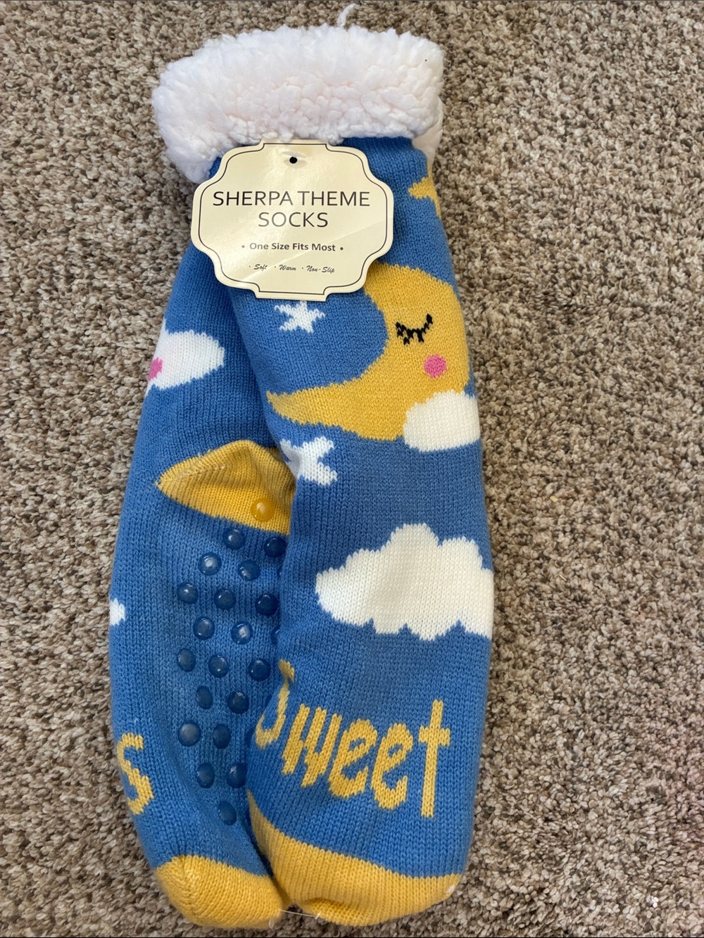 Sherpa Theme Women's Plush Blue Cloud & Moon Slippers Socks